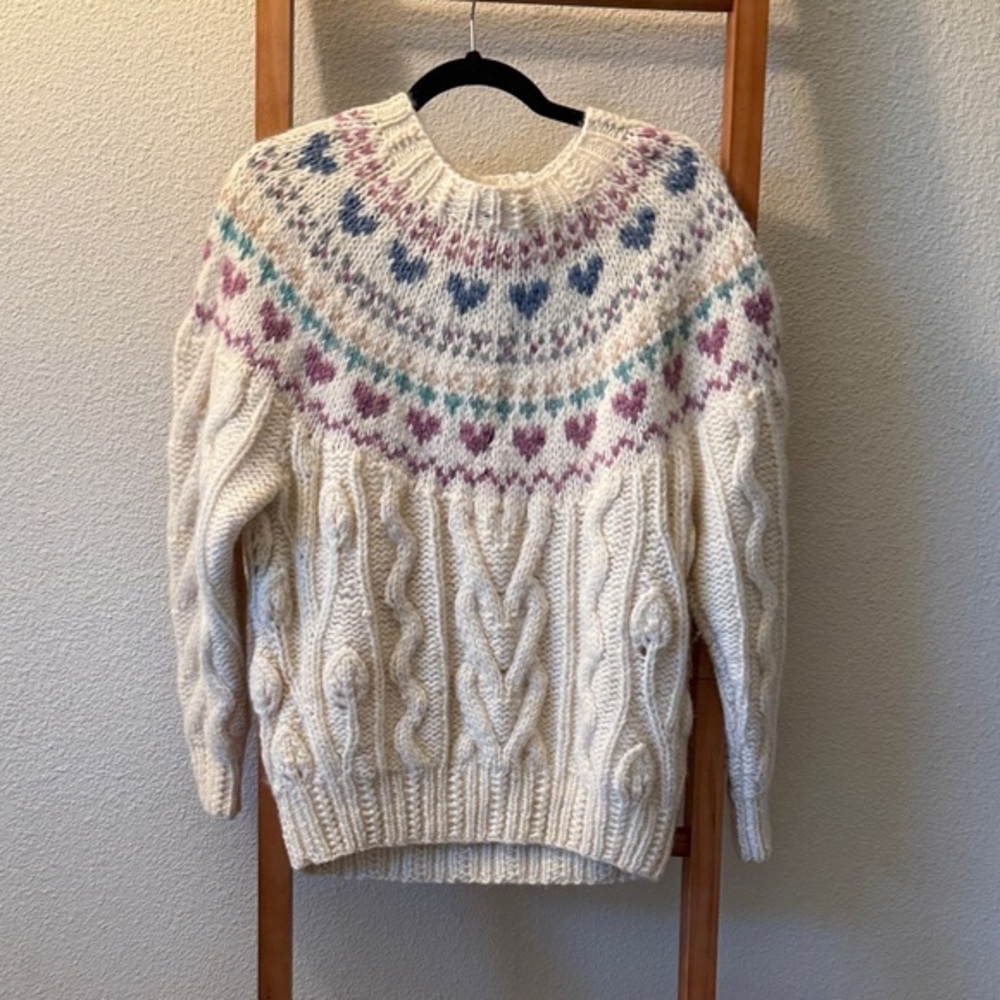 Vintage hand knitted heart wool and mohair sweater medium